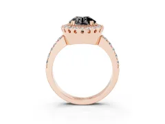 Fancy Black Round Cut Diamond Halo Ring Set in Rose gold with Pavé Shank and Prong Setting
