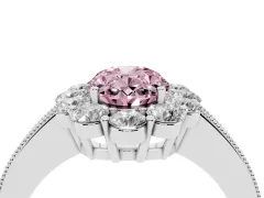 Fancy Pink Oval Cut Diamond Halo Pavé Engagement Ring Set in Platinum with Milgrain Detailing