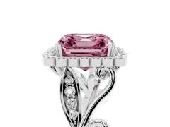 Fancy Pink Asscher Cut Diamond Halo Ring Set in Platinum with Leaf Motif Split Shank and Prong Setting