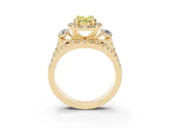 Fancy Yellow Oval Cut Diamond Halo Split Shank Ring Set in Yellow gold with Round Accent Stones and Prong Setting