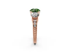 Fancy Green Round Cut Diamond Three-Stone Engagement Ring Set in Rose gold with Milgrain Pavé Band