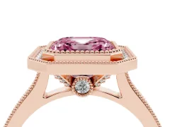Fancy Pink Asscher Cut Diamond Halo Milgrain Pavé Band Ring Set in Rose gold with Prong Setting