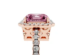 Fancy Pink Asscher Cut Diamond Halo Ring Set in Rose gold with Pavé Shoulders and Halo-Framed Center