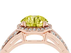 Fancy Yellow Round Cut Diamond Halo Ring Set in Rose gold with Double Pavé Split Shank