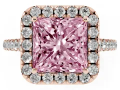 Fancy Pink Princess Cut Diamond Pavé Halo Engagement Ring Set in Rose gold with Pavé Band and Prong Setting