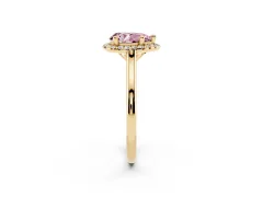 Fancy Pink Pear Cut Diamond Halo Engagement Ring Set in Yellow gold with Pavé Band and Rising Shoulders