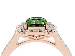 Fancy Green Emerald Cut Diamond Halo Ring Set in Rose gold with Pavé-Lined Shoulders and Prong Setting