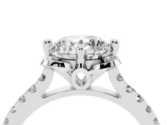Round Cut Diamond Solitaire Ring Set in Platinum with Pavé Band and Floral Prong Setting