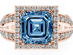 Fancy Blue Asscher Cut Diamond Halo Ring Set in Rose gold with Double Pavé Split Shank