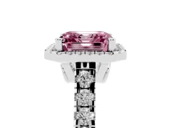 Fancy Pink Asscher Cut Diamond Halo Engagement Ring Set in Platinum with Pavé Band and Prong-Set Center