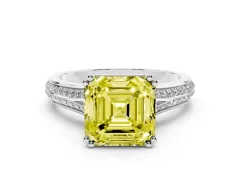 Fancy Yellow Asscher Cut Diamond Split Shank Pavé Engagement Ring Set in Platinum with Prong-Set Center Stone
