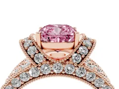 Fancy Pink Cushion Cut Diamond Milgrain Halo Pavé Engagement Ring Set in Rose gold with Prong Setting