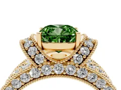 Fancy Green Cushion Cut Diamond Milgrain Halo Pavé Engagement Ring Set in Yellow gold with Prong Setting