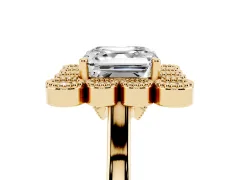 Asscher Cut Diamond Cluster Halo Ring Set in Yellow gold with Milgrain Bezel Accents and Plain Band