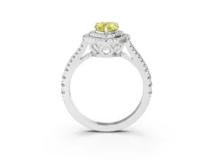 Fancy Yellow Pear Cut Diamond Double Halo Ring Set in White gold with Pavé Band
