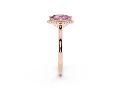 Fancy Pink Princess Cut Diamond Halo Engagement Ring Set in Rose gold with Pavé Band and Rising Shoulders