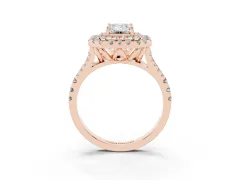 Emerald Cut Diamond Double Halo Ring Set in Rose gold with Pavé Split Shank and Prong Setting