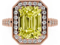 Fancy Yellow Emerald Cut Diamond Milgrain Halo Solitaire Ring Set in Rose gold with Bezel Set Side Stones and Pavé Band
