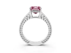 Fancy Pink Asscher Cut Diamond Solitaire Pavé Milgrain Engagement Ring Set in Platinum with Prong Setting