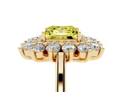 Fancy Yellow Princess Cut Diamond Floral Double Halo Ring Set in Yellow gold with Round Petals