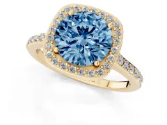 Fancy Blue Round Cut Diamond Halo Engagement Ring Set in Yellow gold with Round Pavé Shoulders and Heart Gallery