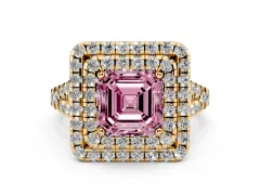 Fancy Pink Asscher Cut Diamond Double Halo Ring Set in Yellow gold with Pavé Split Shank and Prong Setting