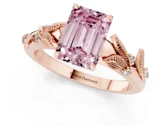 Fancy Pink Emerald Cut Diamond Solitaire Ring Set in Rose gold with Leaf Motif Band