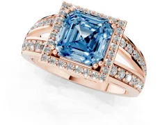 Fancy Blue Asscher Cut Diamond Halo Ring Set in Rose gold with Double Pavé Split Shank