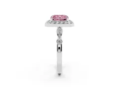 Fancy Pink Radiant Cut Diamond Halo Engagement Ring Set in White gold with Twisted Band and Prong Setting