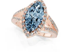 Fancy Blue Marquise Cut Diamond Halo Split Shank Pavé Ring Set in Rose gold with Prong Setting