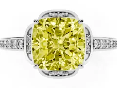 Fancy Yellow Cushion Cut Diamond Halo Ring Set in Platinum with Channel Set Band and Prong Setting