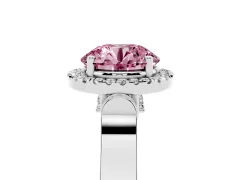 Fancy Pink Round Cut Diamond Halo Ring Set in Silver with Pavé-Lined Split Shank Band