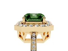 Fancy Green Asscher Cut Diamond Halo Ring Set in Yellow gold with Accent-Lined Split Shank and Prong Setting