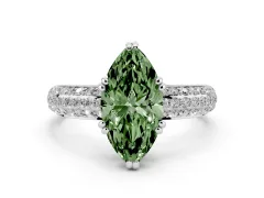 Fancy Green Marquise Cut Diamond Solitaire Ring Set in White gold with Multi-Row Round Pavé Band and Prong Setting
