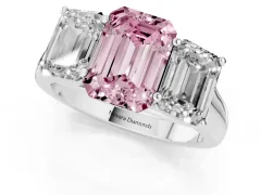 Fancy Pink Emerald Cut Diamond Three-Stone Ring Set in White gold with Plain Polished Band