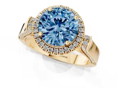 Fancy Blue Round Cut Diamond Halo Ring Set in Yellow gold with Pavé-Lined Split Shank Band