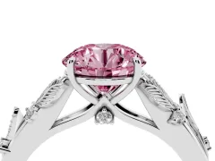 Fancy Pink Round Cut Diamond Solitaire Ring Set in Silver with Leaf Motif Band