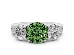 Fancy Green Round Cut Diamond Three-Stone Engagement Ring Set in White gold with Milgrain Pavé Band