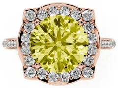 Fancy Yellow Round Cut Diamond Halo Ring Set in Rose gold with Pavé-Lined Shoulders and Prong Setting