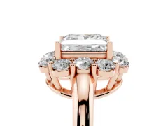 Princess Cut Diamond Milgrain Halo Solitaire Ring Set in Rose gold with Bezel Set Side Stones and Pavé Band