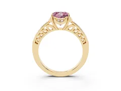 Fancy Pink Princess Cut Diamond Halo Ring Set in Yellow gold with Channel Set Band and Prong Setting