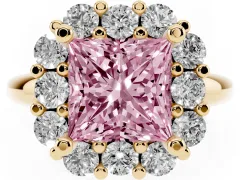 Fancy Pink Princess Cut Diamond Halo Cluster Engagement Ring Set in Yellow gold with Polished Band and Prong Setting