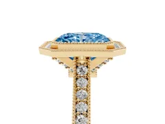 Fancy Blue Radiant Cut Diamond Halo Milgrain Pavé Band Ring Set in Yellow gold with Prong Setting
