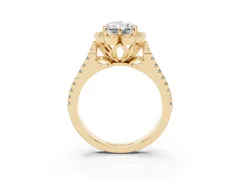 Radiant Cut Diamond Floral Halo Split Shank Engagement Ring Set in Yellow gold with Pavé Shank