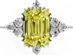 Fancy Yellow Emerald Cut Diamond Cluster Ring Set in White gold with Beaded Band