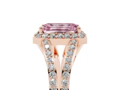 Fancy Pink Emerald Cut Diamond Halo Split Shank Pavé Ring Set in Rose gold with Prong Setting