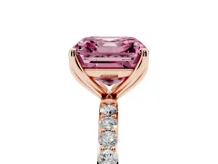 Fancy Pink Asscher Cut Diamond Solitaire Engagement Ring Set in Rose gold with Round Pavé Band and Prong Setting
