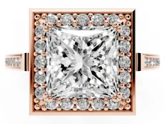 Princess Cut Diamond Halo Ring Set in Rose gold with Accent-Lined Split Shank and Prong Setting