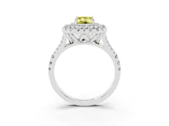 Fancy Yellow Emerald Cut Diamond Double Halo Ring Set in White gold with Pavé Split Shank and Prong Setting