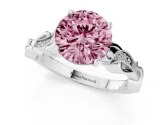 Fancy Pink Round Cut Diamond Vine Band Solitaire Ring Set in Platinum with Milgrain Prong Setting